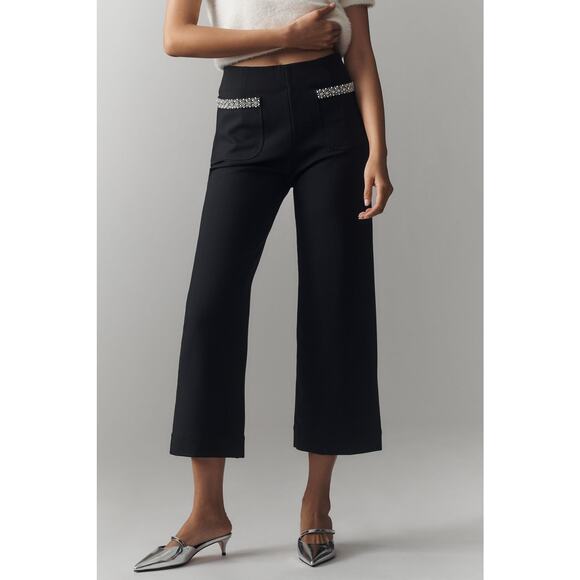Anthropologie X Maeve The Colette Cropped Rhinestone Pocket Pants Black Size 27 - Picture 3 of 11